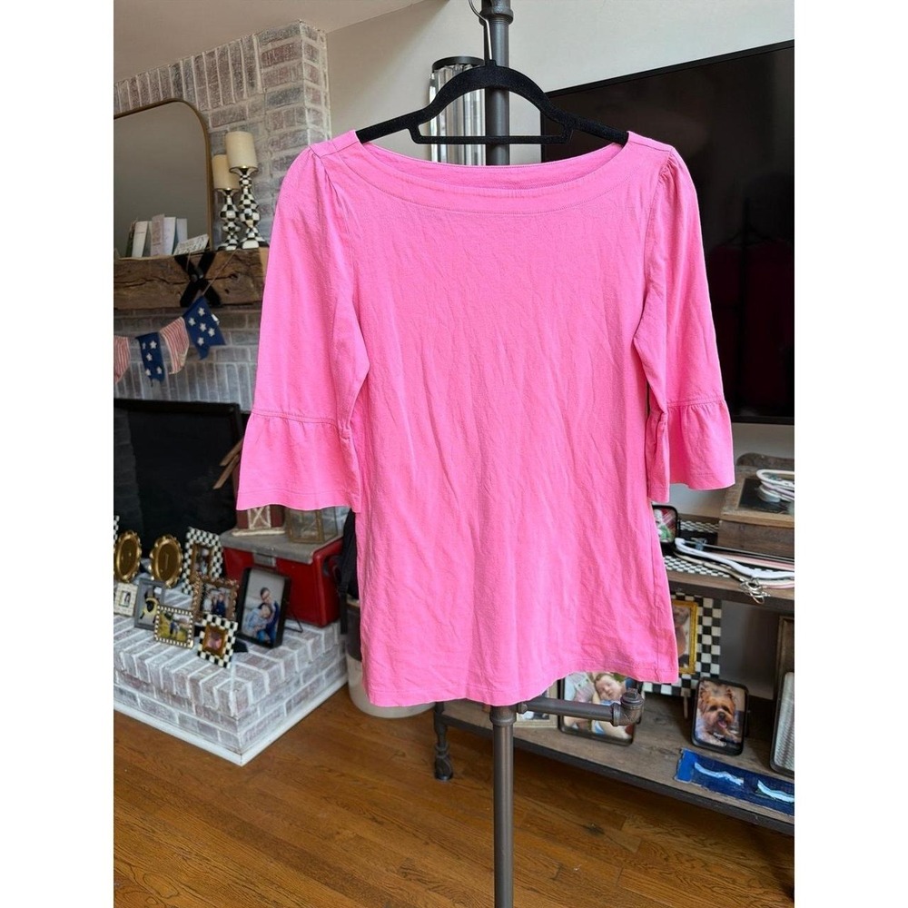 Lilly Pulitzer bright pink boatneck top 3/4 length sleeves with ruffle womens M